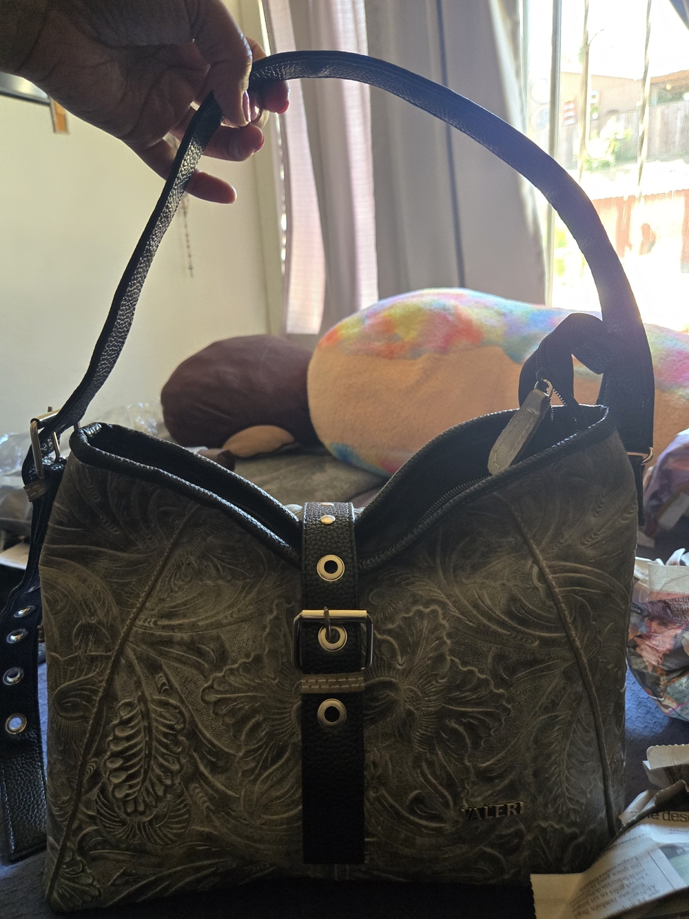 Embossed Black Leather Shoulder Bag